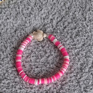 Pink Beaded Clay Bead Bracelet with Turtle Charm